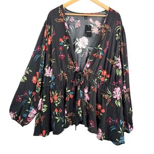 Torrid blouse sz 3X Black Floral Tie Front Peplum ruffle boho whimsigoth
